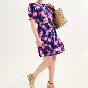 Draper James Women’s Puff Sleeve Fit & Flare Mini Dress in Navy/Purple Floral, S